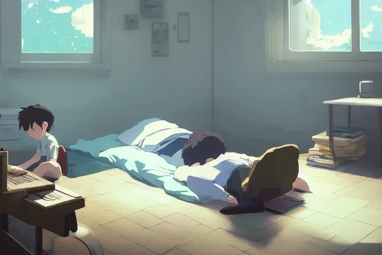 Image similar to a boy sleeping in front of a computer desk, medium shot, waist up, studio ghibli, pixar and disney animation, sharp, rendered in unreal engine 5, anime key art by greg rutkowski, bloom, dramatic lighting