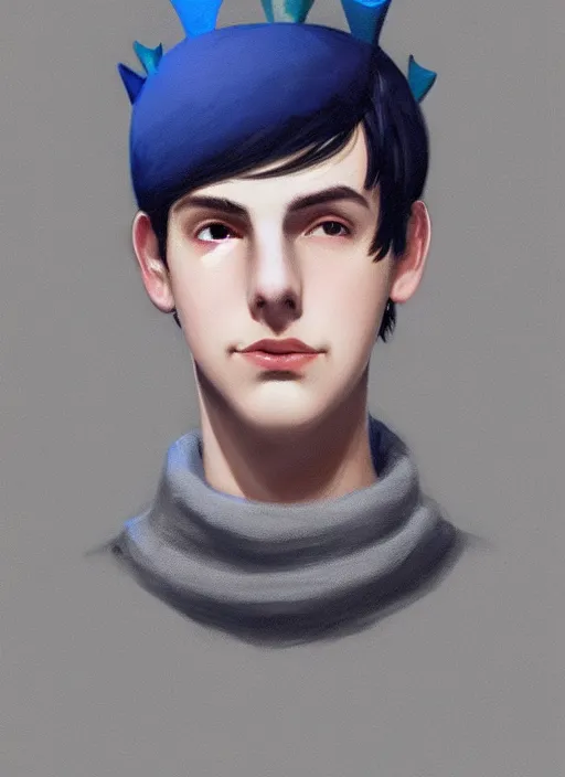 Image similar to portrait of teenage jughead jones wearing a light grey crown, crown, blue turtleneck, closed eyes, eyes closed, slight smile, black hair, intricate, elegant, glowing lights, highly detailed, digital painting, artstation, concept art, smooth, sharp focus, illustration, art by wlop, mars ravelo and greg rutkowski