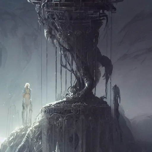 Image similar to of a beautiful black haired woman with pale skin and a crown on her head sitted on an intricate metal throne in eerie atmospheric alien worlds, epic cinematic matte painting, art by greg rutkowski