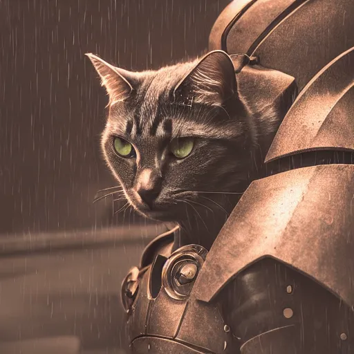 Prompt: cat in a mecha armor, moody lighting, 8 k, shallow depth of field, cinematic lighting,