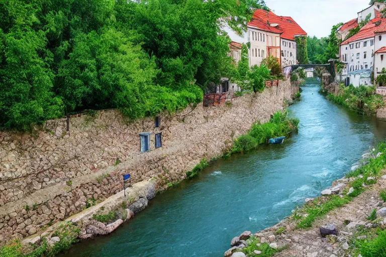 Image similar to a river flowing through an eastern european village, summer photo