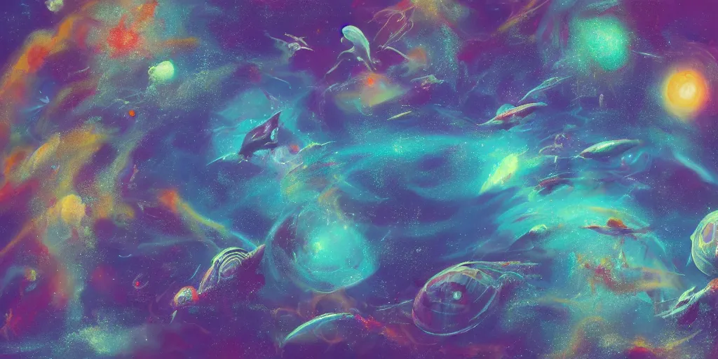 Image similar to painting of sea creatures swimming through space, sea turtles, sting rays whales, colorful nebulas, planets, 8 k resolution in the style of artem demura, moebius