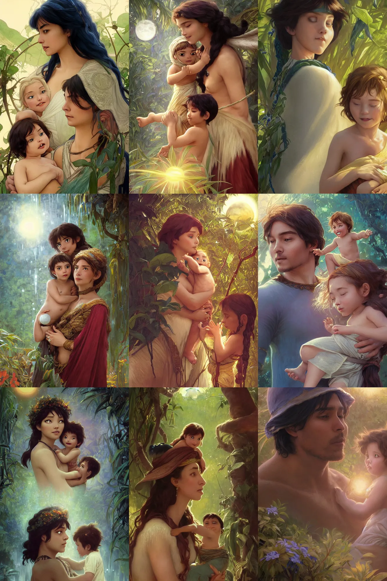 Prompt: a cinematic portrait of a beautiful family photograph close up moment of a young sun god and moon goddess magician family with child, portrait, wearing wide sunhat, jungle book Frozen Klaus film, digital painting, artstation, concept art, illustration, Frozen II art masterpiece by art by Krenz Cushart, Artem Demura, alphonse mucha, yoji shinkawa, ArtGerm, Jon Lothian, Danilo Torres, Adi Meyers, Thomas Reimann, Gaston Bussiere, Disney