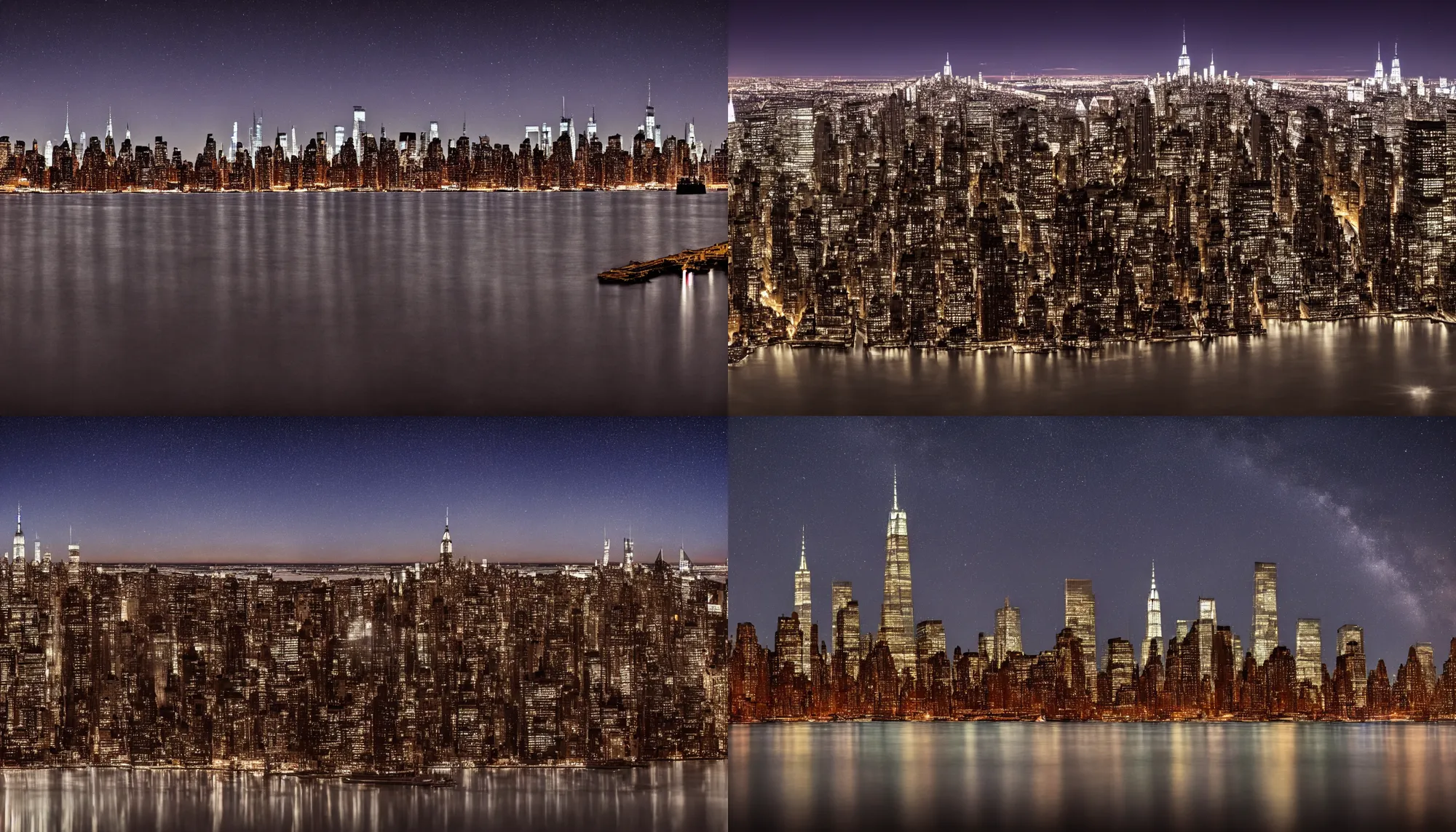 Prompt: New york city skyline at night stars in sky water reflection-long exposure