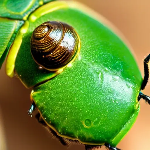 Prompt: hybrid of green beetle and snail, photorealistic, close - up