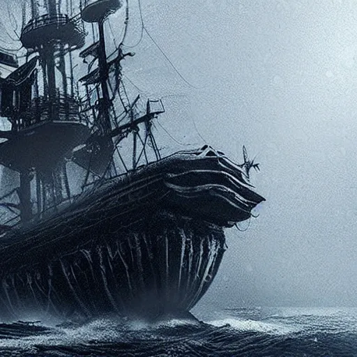 Image similar to an old ship on the bottom of the ocean that sunk long ago. mysterious, intimidating, haunted. horror movie screencap. epic. trending on artstation