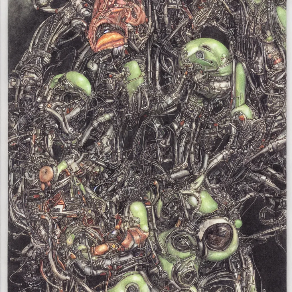 Image similar to alien robot drawing a human face with hand, patrick woodroffe, akria toriyama, spirited away