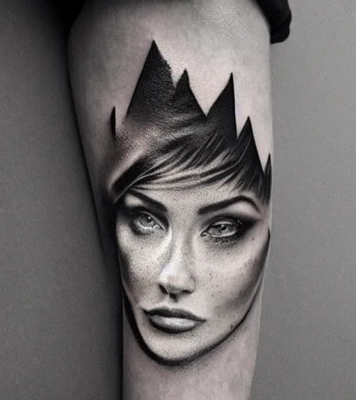 Prompt: double exposure of a hyper realistic mountain scenery with a beautiful woman face, tattoo design sketch, in the style of matteo pasqualin, hyper - realistic, amazing detail, black and white