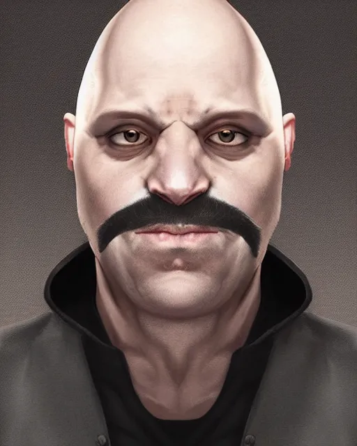 Prompt: portrait of a 4 0 - year - old bald man, with a white complexion, wide, cat - like scarlet eyes, a nose flat like a snake's nose, and a thin mouth, wearing in black clothes, hyper realistic face, beautiful eyes, character art, art by mark brooks, hyperdetailed, cryengine, trending on artstation, digital art