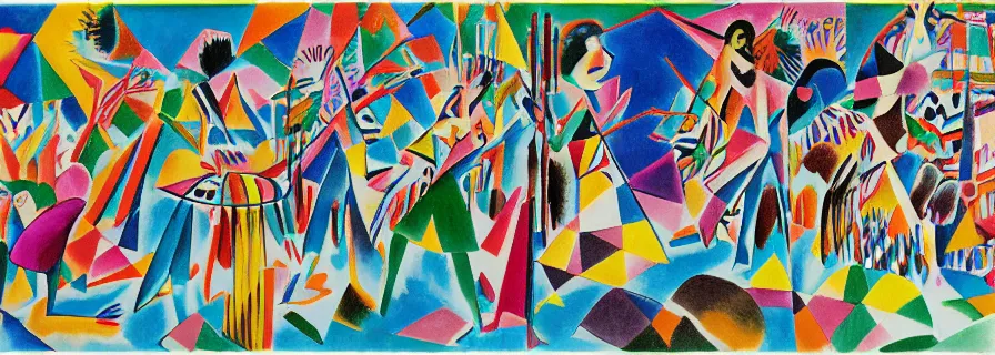 Prompt: party in jungles, girls with a slim figure in carnival skirts and guys in polygonal print shorts dance to the sound of ethnic drums, author zima blue, very elongated lines, wasily kandinsky, malevich, surrelialism, color splashes, grain