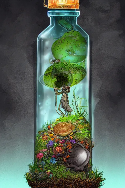 Image similar to a fantasy styled trash inside a terrarium bottle , digital art