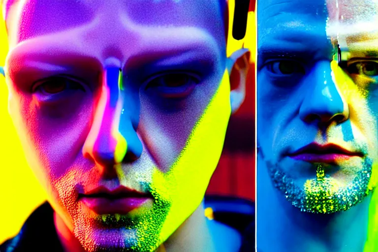 Prompt: a close - up risograph of cyberpunk albinism model men wearing lots of transparent and cellophane accessories, yellow colors, huge earrings and queer make up, blue hour, twilight, cool, portrait, crispy, full - shot, blue sky, kodachrome, photo by mayumi hosokura, style by moebius