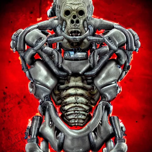 Image similar to gruesome, sci - fi, polychaeta, undead cyborg torso, doom, dino, baboon, red, white