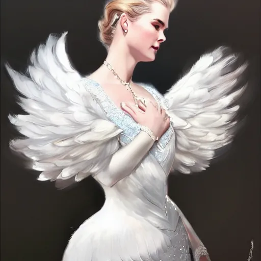 Prompt: Grace kelly with a decorated dress made of white pearls and white plumes of swan, highly detailed, realistic digital painting, Trending on artstation , HD quality, by artgerm and greg rutkowski and alphonse mucha, dramatic light, octane