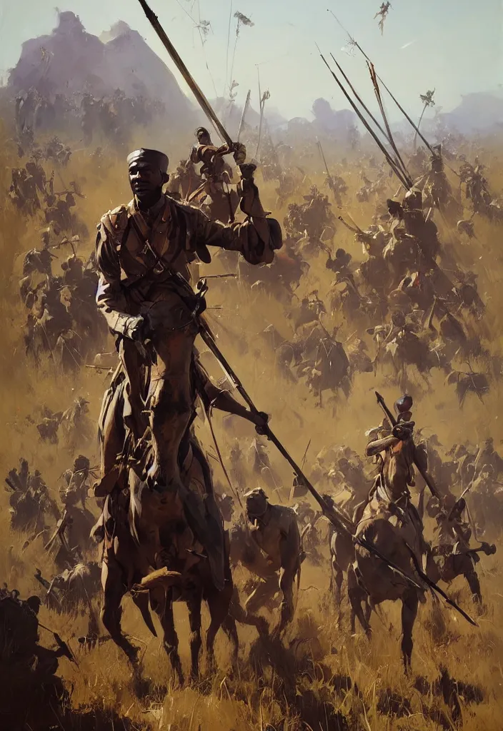 Image similar to ismail inceoglu painting of the zulu war, painting, art concept for a book cover, trending on artstation, by greg manchess and by craig mullins and by kilian eng and by jake parker