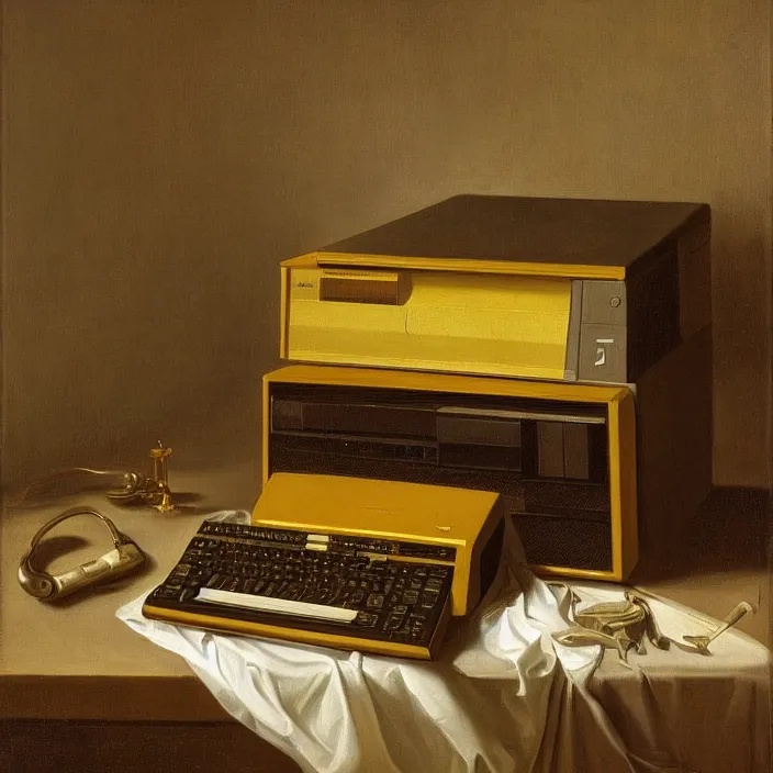Image similar to still life painting of a retro monitor and a commodore 6 4 by pieter claesz, oil on canvas, strong lighting, highly detailed, hyper realism, golden hour, god rays, hd, 4 k