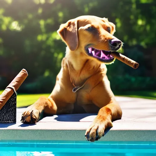 Image similar to a very detailed photo of a dog smoking a cigar outside the mansion by the pool