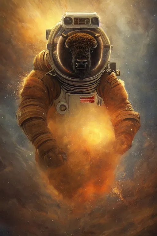 Image similar to bison astronaut, oil on canvas, intricate, portrait, 8 k highly professionally detailed, hdr, cgsociety