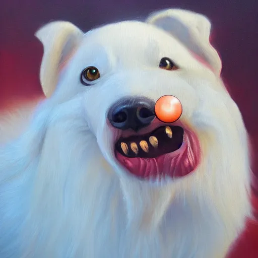 Prompt: high detail oil painting of a rabid dog, foaming with happy face bubbles, trending on artstation