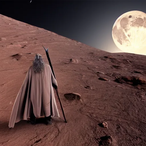 Image similar to a realistic image of gandalf in mars under a full moon