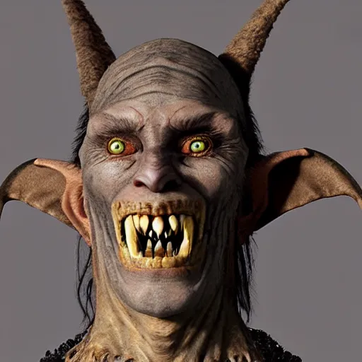Prompt: medieval fantasy head and shoulders portrait photo of a fanged goblin, photo by philip - daniel ducasse and yasuhiro wakabayashi and jody rogac and roger deakins