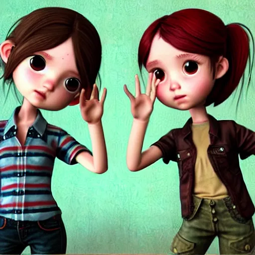 Image similar to Extremely cute and adorable 8k HD key visual of Ellie (The Last of Us) and Marinette Dupain-Cheng posing for the camera doing a v-sign with their fingers, official media, lowbrow painting by Mark Ryden. The art style is quite chibi, with large heads and big wide eyes. 3D render diorama Macro photography