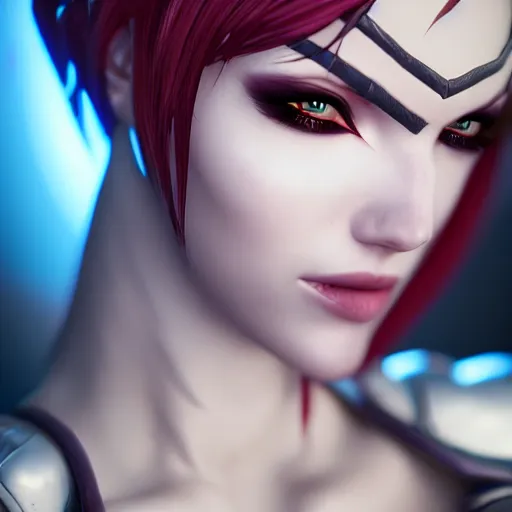 Image similar to Katarina from League of Legends, photorealistic studio portrait, studio lighting, unreal engine 5, hyperrealistic, dynamic lighting, white ambient background, realistic, highly detailed