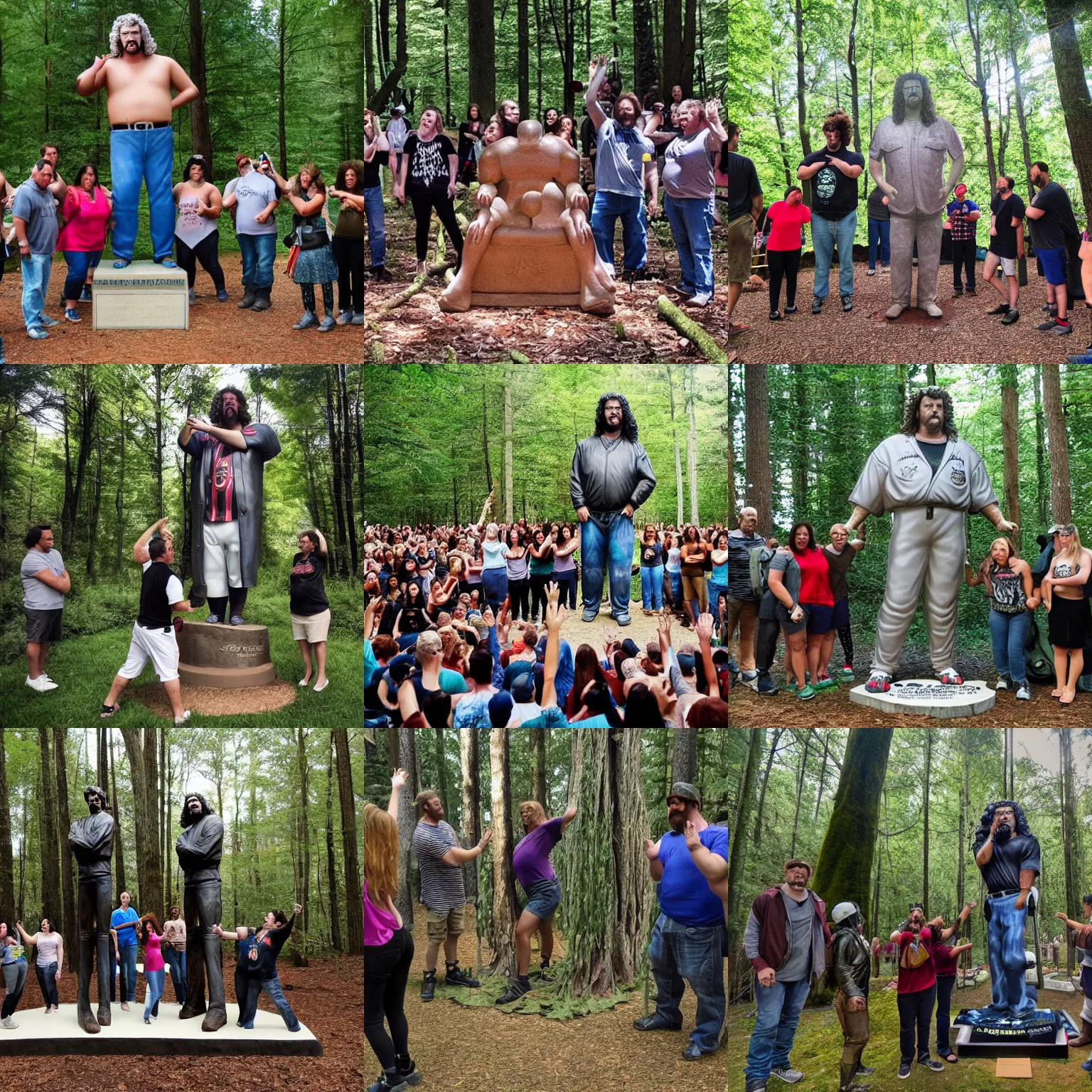 Prompt: photograph of a group of people worshipping a giant kenny powers statue in a forest