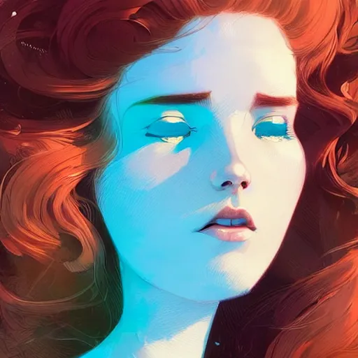 Image similar to beautiful artistic - wave highly detailed portrait female, long red hair, in a music festival, by atey ghailan, by greg rutkowski, by greg tocchini, by james gilleard, by joe fenton, by kaethe butcher, dynamic lighting, gradient light blue, brown, blonde cream and white color scheme, grunge aesthetic