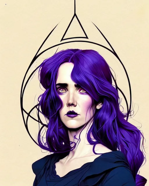 Image similar to in the style of Joshua Middleton comic art, beautiful witch spooky female, Jennifer Connelly, blue and purple glowing hair, perfect eyes perfect symmetrical eyes, symmetrical face, black magic, dark forest background, painterly style