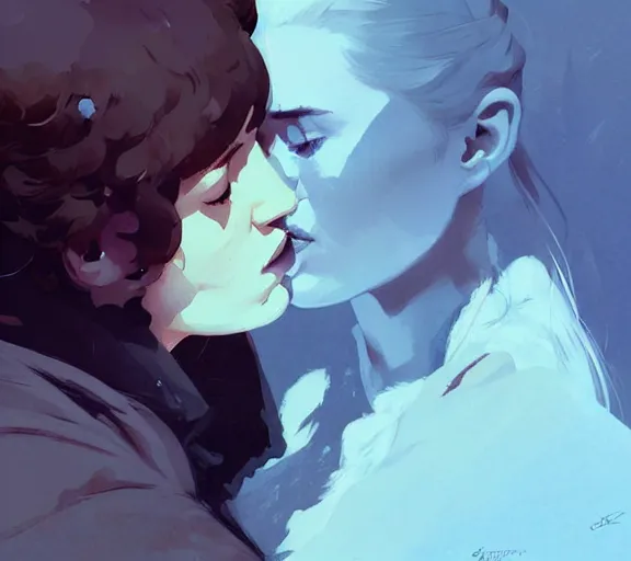 Prompt: portrait of jon kissing sansa by atey ghailan, by greg rutkowski, by greg tocchini, by james gilleard, by joe fenton, by kaethe butcher, dynamic lighting, gradient light blue, brown, blonde cream and white color scheme, grunge aesthetic