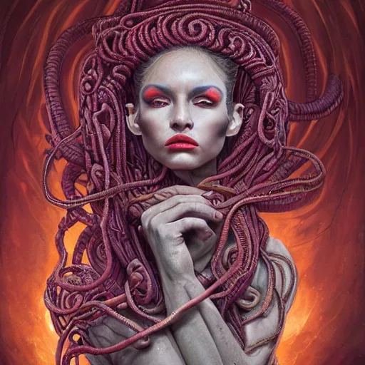 Image similar to Beautiful medusa woman sitting covered in snakes,full character, melting ,8k,by tristan eaton,Stanley Artgermm,Tom Bagshaw,Greg Rutkowski,Carne Griffiths, Ayami Kojima, Beksinski, Giger,trending on DeviantArt,face enhance,hyper detailed,minimalist,horror, android, full of colour