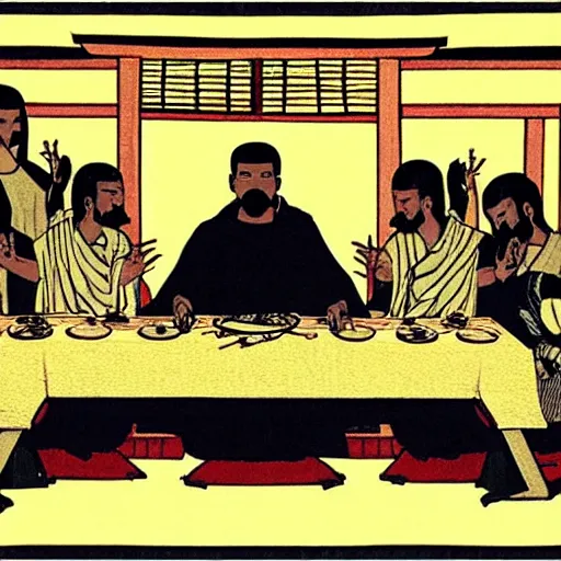 Image similar to Kanye at the last supper, Japanese woodblock art style