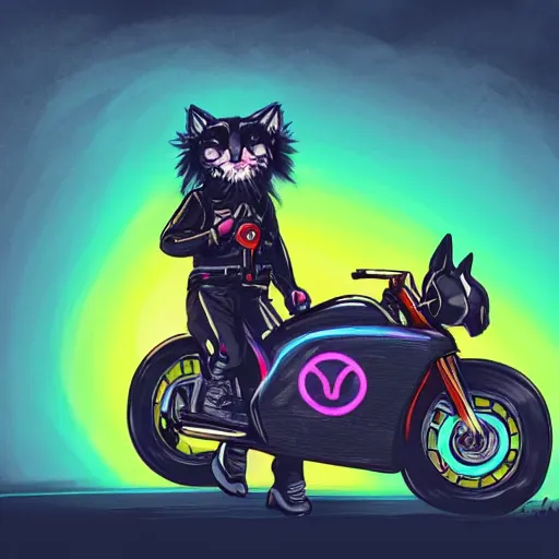 Image similar to wide angle full body, jacket wearing fluffy cute rainbow kitten wearing a black leather motorcycle jacket, riding on a motorcycle, cinematic concept art