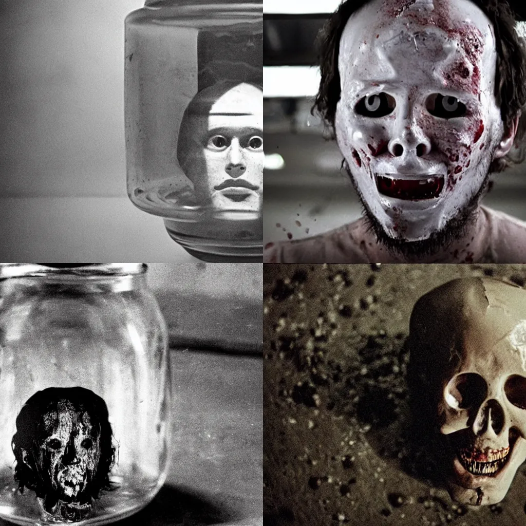 Prompt: A man\'s severed head floating inside of a jar of formaldehyde, horror movie.