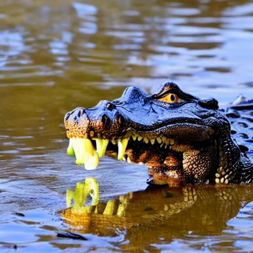 Prompt: alligator eating a magic mushroom