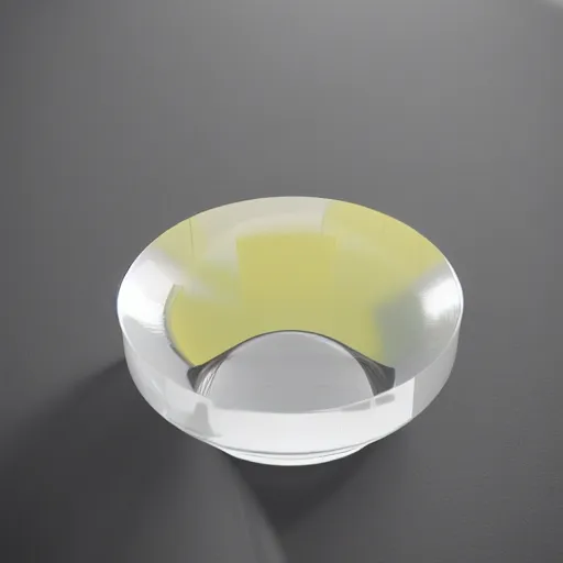 Image similar to an ultra high definition professional studio quality photograph of a transparent perspex pastel coloured wobbly shaped ashtray on a white plinth in an empty white room. dramatic lighting, ray tracing, refraction, shallow d. o. f, colour corrected, golden ratio, three point light.