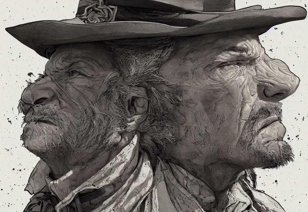 Prompt: handmade illustration of a portrait of an archetypical Old West cowboy, male, detailed face, anatomically correct, line art, ink, watercolor by Kilian Eng and by Jake Parker, winning-award masterpiece, fantastic, octane render, 8K HD Resolution, High quality image