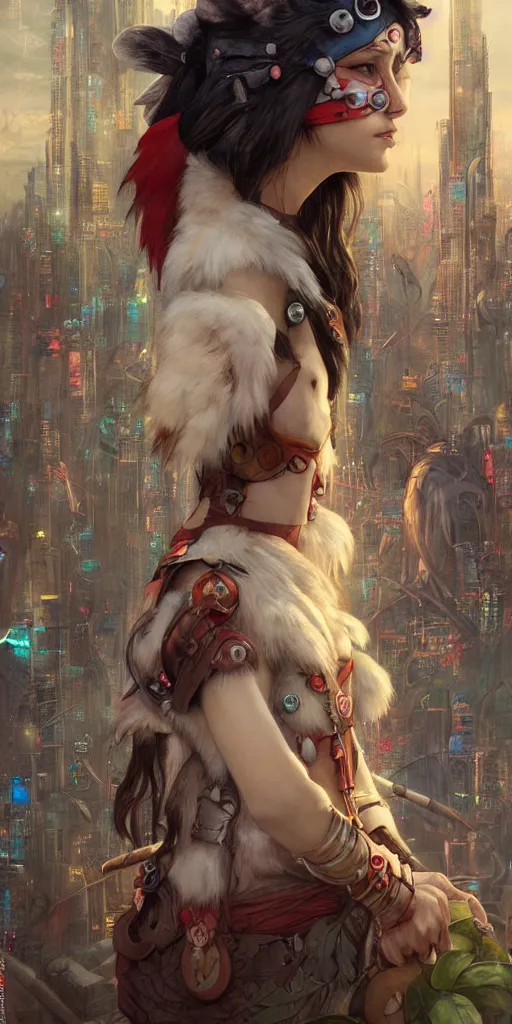 Image similar to hyper realistic Princess Mononoke with her mask, busy cyberpunk metropolis, city landscape, jewels, style of tom bagshaw, mucha, james gurney, norman rockwell, denoised, sharp