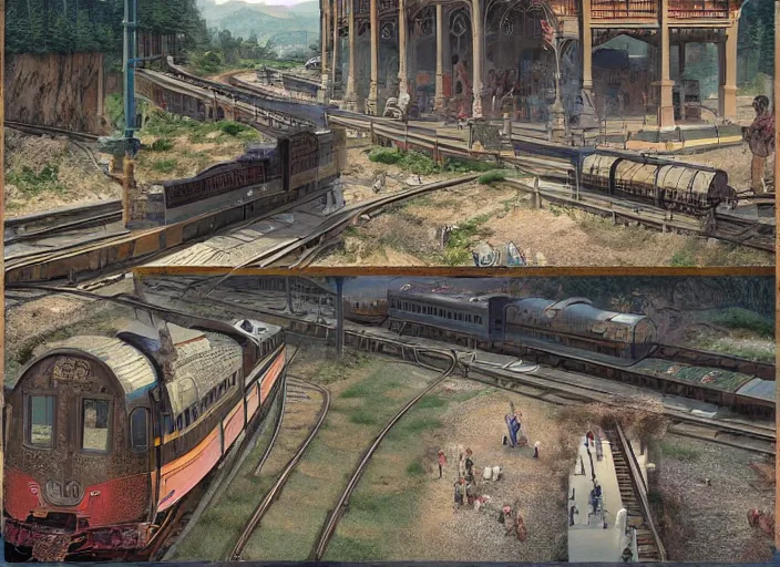 Prompt: 🛤🚞🧳, lowbrow, matte painting, 3 - d highly detailed, in the style of,