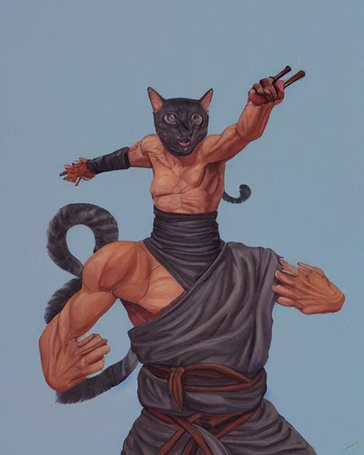 Image similar to a oil / watercolor painting full body character portrait of an anthromorphic cat martial artist / ninja in the style of moebius in the style of leonard boyarsky trending on artstation deviantart pinterest detailed photorealistic highlights and shadow hd 8 k post - processing high resolution