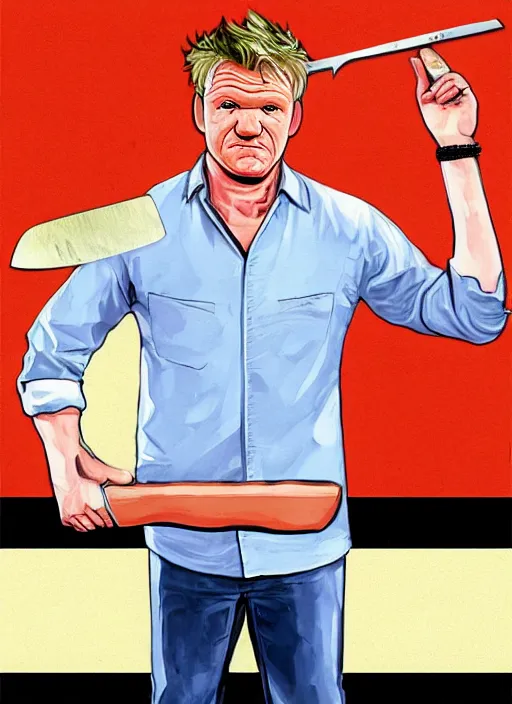 Image similar to Gordon Ramsay Holding a butchers knife in the style of GTA Artwork