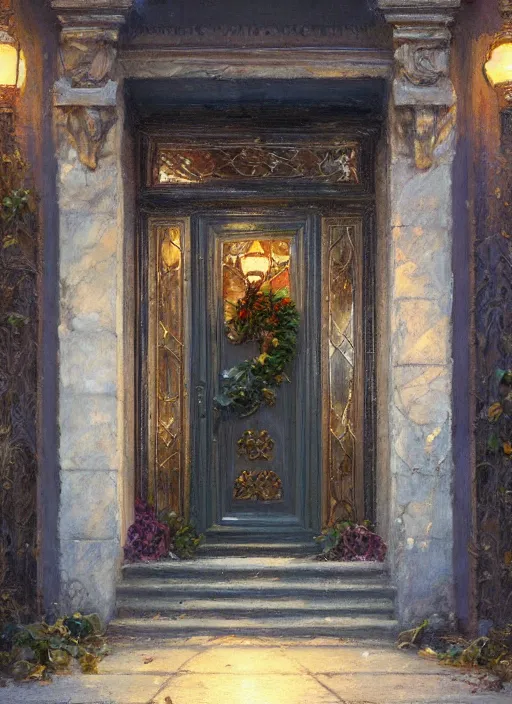 Image similar to wreath on new york apartment building door, artwork by gaston bussiere, craig mullins, trending on artstation