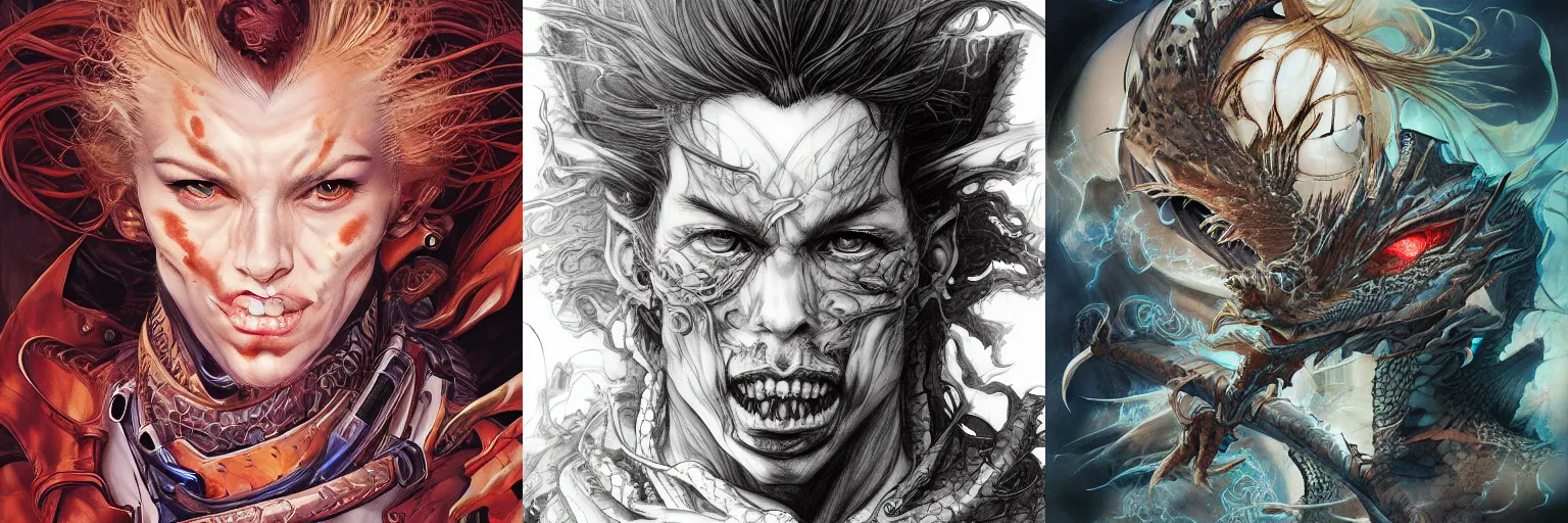 Prompt: portrait of a dragon, face is highly detailed, by ayami kojima, masamune shirow, josan gonzalez, yoshitaka amano, dan mumford, barclay shaw