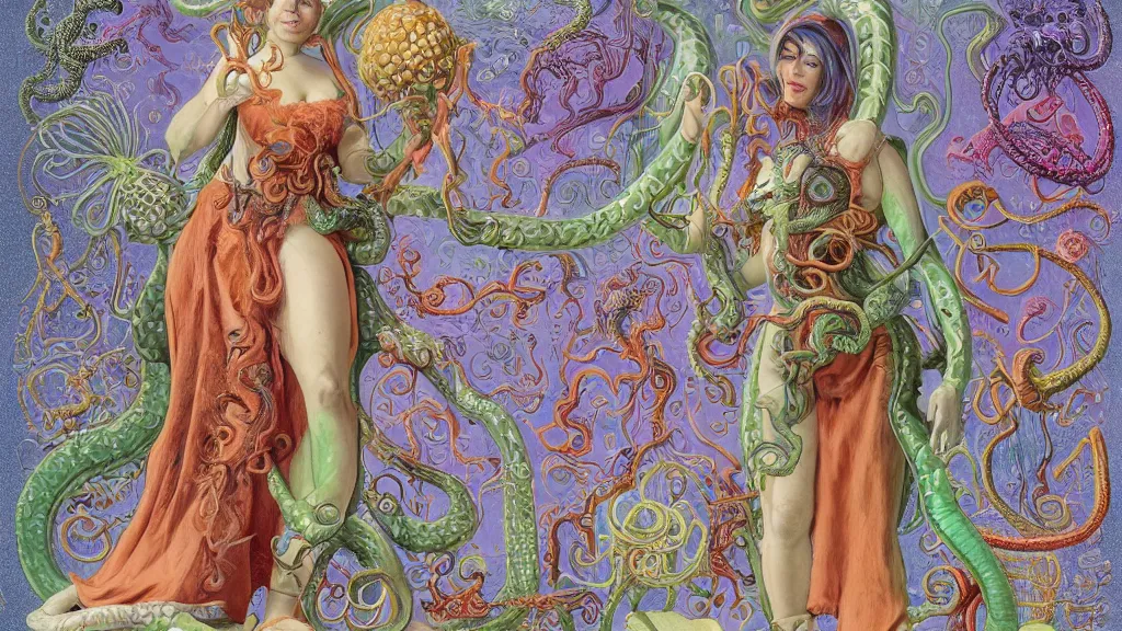 Image similar to highly detailed colorful character sheet for a stocky alien extraterrestrial victorian female servant maid with thick snake - like tentacles instead of hair, long dress with apron, ernst haeckel, jim henson creature shop, coherent, illustration, digital art, trending on artstation, hd, 8 k, good lighting, beautiful, rough paper, masterpiece