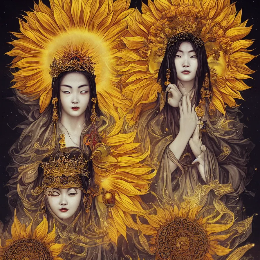 Prompt: The Chinese goddess of sunflower, who has a glowing third-eye and an helianthus-shaped golden crown, and presides over the rays of the sun with her sacred vision, by Anato Finnstark, Tom Bagshaw, Brom