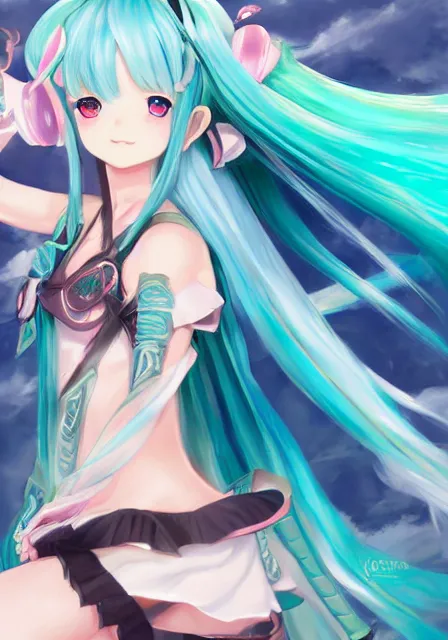 Image similar to A fantasy anime portrait of Hatsune Miku, by Yoneyama Mai and Rossdraws, digtial painting, trending on ArtStation, deviantart, two-dimensional