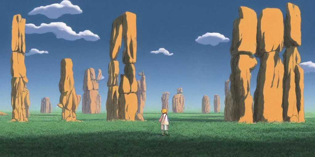 Image similar to a realistic cell - shaded studio ghibli concept art from paprika ( 2 0 0 6 ) of a hairless ape from close encounters of the third kind ( 1 9 7 7 ) in a flooded monument valley stonehenge. very dull colors, wide shot, hd, 4 k, hq