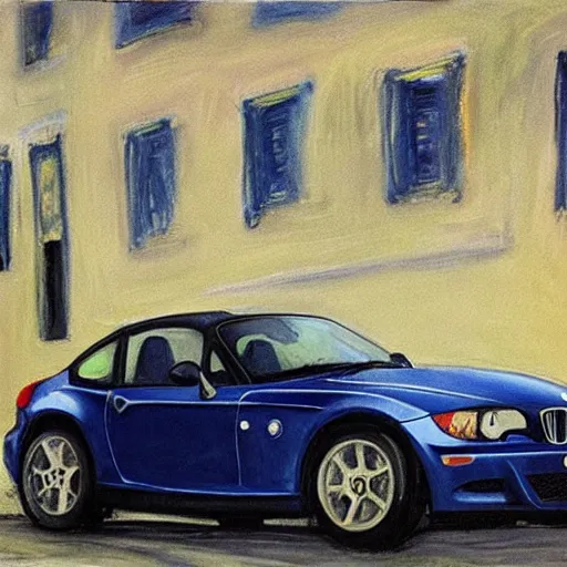 Prompt: “Painting of a dark blue BMW Z3 by Edvard Munch, oil on canvas”