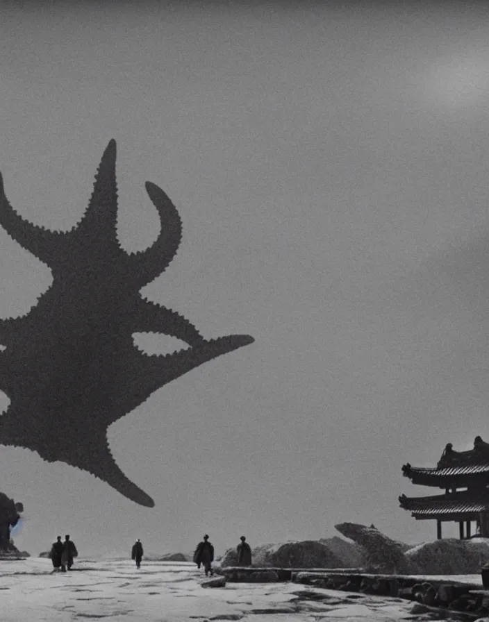 Image similar to a filmstill of a north korean monster movie, kaiju - eiga monster starfish - like trampling a traditional korean palace, foggy, film noir, video compression